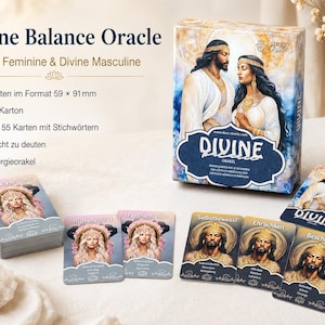 Może przedstawiać: Talia kart "Divine Balance Oracle" z pudełkiem przedstawiającym parę w białych szatach. Karty są wyświetlane z różnymi obrazami i tekstem, w tym "Divine Feminine & Divine Masculine". Pudełko i karty mają niebiesko-złotą kolorystykę.