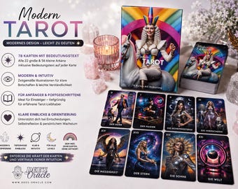 May include: A Modern Tarot deck with a box and a deck of cards, featuring colorful illustrations. The box and cards display the text "Modern Tarot" and "Dee's Oracle." The image includes a lit candle, crystals, and sample cards.