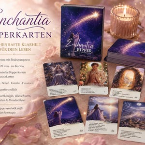 May include: A deck of Enchantia KipperKarten oracle cards featuring a box and several individual cards with fantasy illustrations. The cards display celestial, nature, and human figures in purple and gold tones, with text printed in German on each card.