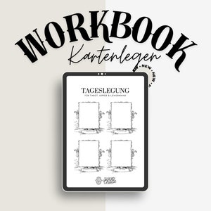 Może przedstawiać: Cyfrowy zeszyt ćwiczeń do odczytywania kart tarota, Kipper i Lenormand. Zeszyt zawiera czarno-białą ilustrację vintage'owej ramki z czterema pustymi miejscami na karty. Tytuł zeszytu to "WORKBOOK Kartenlegen NEW!" a podtytuł to "TAGESLEGUNG FUR TAROT, KIPPER & LENORMAND".
