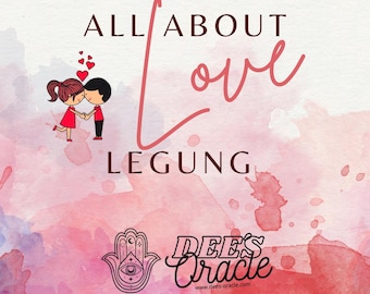 May include: A watercolor background with a pink and red color scheme. The text "ALL ABOUT LOVE LEGUUNG" is written in a pink font. A cartoon image of a couple holding hands is in the upper left corner. The text "DEE'S Oracle" is written in black with a decorative font. The website address "www.dees-oracle.com" is written in black below the text.