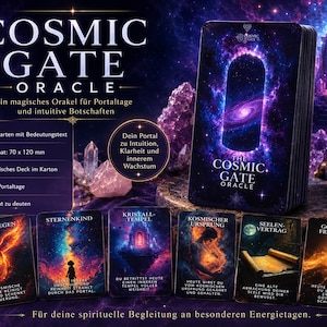 Op de afbeelding: Een kaartspel "Cosmic Gate Oracle". De doos en kaarten hebben een kosmisch ontwerp met een galactisch portaal. De set bevat 80 kaarten, elk met een afmeting van 70 x 120 mm. De kaarten zijn ontworpen voor intuïtieve lezingen en spirituele begeleiding.