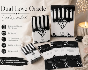 May include: A Dual Love Oracle card deck with a black and white design. The box and cards feature the words "Dual Love" and a heart symbol. The deck includes 55 cards and is packaged in a box. The cards measure 2.32 x 3.58 inches.