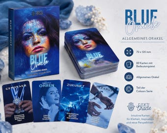 May include: A blue oracle card deck with a box featuring a woman's face with blue and orange accents. The deck includes 80 cards, each 70 x 120 mm, with text. The box and cards are labeled "BLUE Oracle".