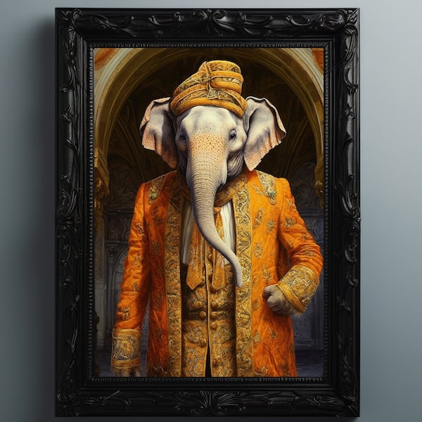 Victorian Regal Elephant Gothic Royal Giclee Print, Vintage Painting Wall Art Poster, Whimsical Animals, Dark Academia, Cool Elephant j88