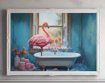 Pink Flamingo Print Bathroom Art Vintage Oil Painting Fine Art Giclee Wall Art Poster, Avian Art, Flamingo Taking a Bath D59