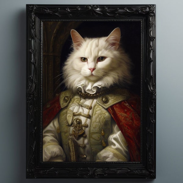 Victorian Regal White Cat Gothic Royal Giclee Print, Vintage Painting Wall Art Poster, Whimsical Animals, Dark Academia, White Cat J91