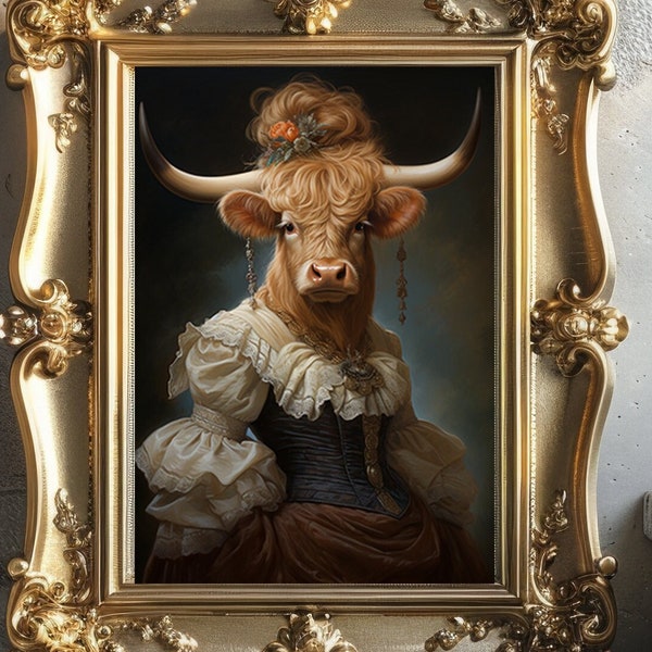 Highland Cow Lady Royalty Victorian Portrait Print, Regal Highland Cow Painting Poster Fine Art Print, Whimsical Animal Poster, h82