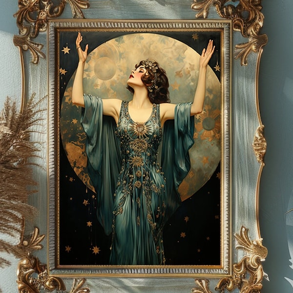 Vintage Woman Moon Print, Celestial Fine Art Print, Art Nouveau Artwork, Whitchy Illustration Giclee, Art Deco Moon Print H93