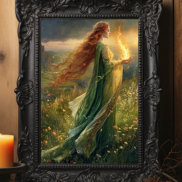 Brigid Celtic Goddess of Healing Print,  Poetry Wisdom Deity Fine Art Giclee, Irish Vintage Painting, Esoteric Ancient Pagan Art L43