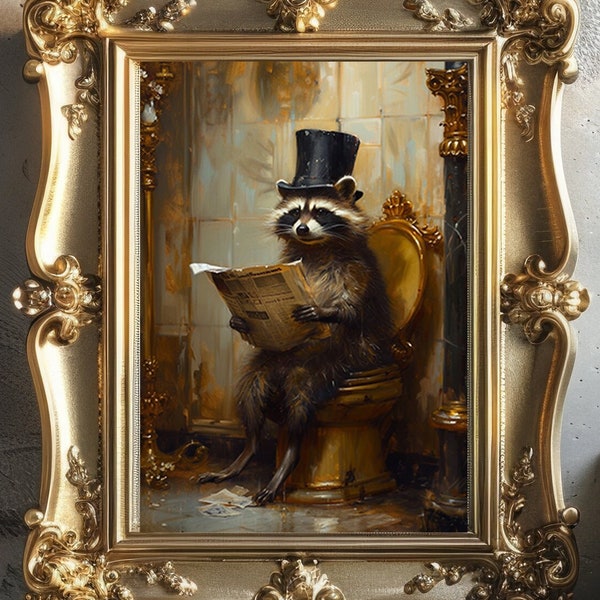 Racoon Victorian Gentleman Reading Newspaper on Toilet Whimsical Fine Art Print Fine Art Giclee Vintage Painting Wall Art L37