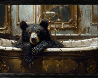 Black Bear Bath Victorian Bathtub, Bathroom Whimsical Humorous Fine Art Print, Animal Bubble Bath Vintage Painting Whimsical Wall Art  L86