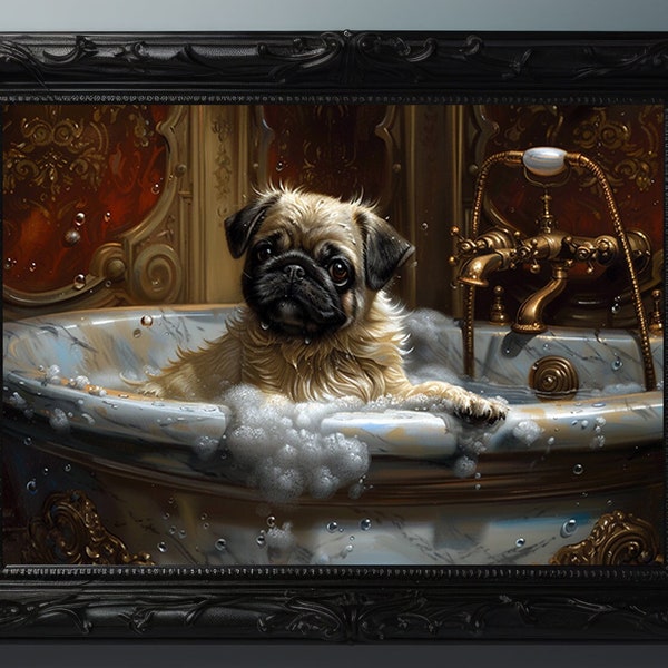 Baignoire victorienne pour chien carlin, impression d'art lunatique humoristique de salle de bain, bain moussant animal vintage peinture art mural lunatique L87