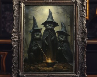 Black Cat Witch Coven Gothic Vintage Poster, Art Poster Print, Dark Academia, Wicca Whimsical Animals Goth, D40
