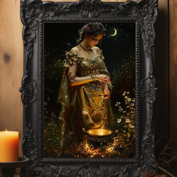 Ceridwen Celtic Welsh Goddess Underworld, Inspiration Deity Fine Art Giclee, Crescent Moon Vintage Painting,  Cerridwen Pagan Art M15
