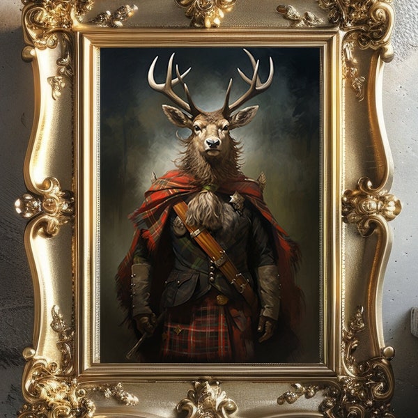 Highlander Scottish Deer Stag Fine Art Giclee Vintage Painting Wall Art Poster Whimsical Pet Animal Victorian Scotsman d85