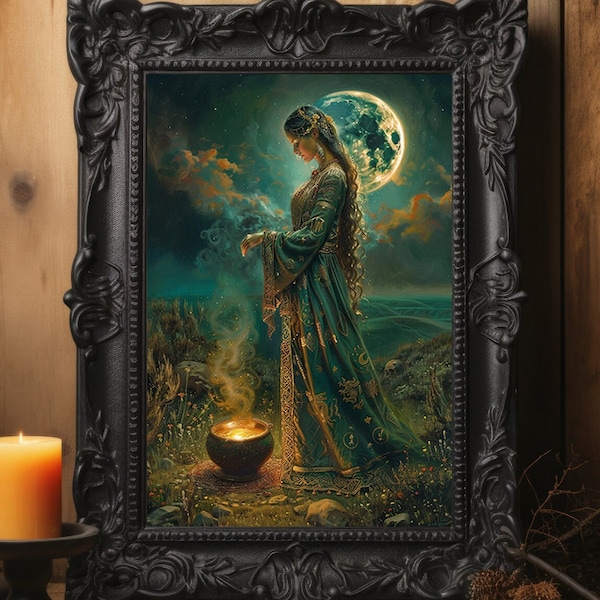 Ceridwen Celtic Welsh Goddess Knowledge Magic Deity, Cerridwen Fine Art Giclee, Crescent Moon Vintage Painting, Pagan Gods M16