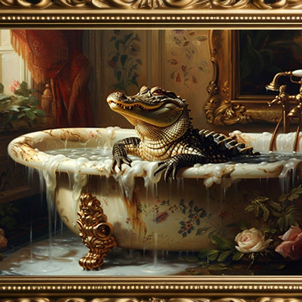 Alligator Taking a Bath in Victorian Bathtub, Crocodile Vintage Poster, Reptile Poster Print, Dark Academia, Bathroom Art Painting p79