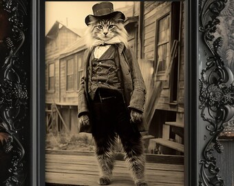 Cowboy Cat Whimsical Sepia Vintage Photo Humorous Fine Art Giclee Print, Wall Art Poster Cool Pet Animal Wild West H46