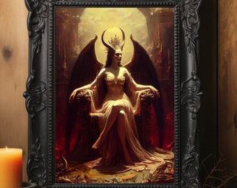 Lilith Sitting Throne Devil Print, Demon Vintage Dark Art, Occult Poster, Gothic Female Demon, Witchcraft, Witch Print, Wiccan Art, J65