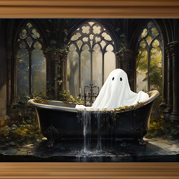 Ghost in Bathtub Haunted Abandoned Gothic Castle, Fine Art Giclee, Vintage Painting Wall Art Poster, Dark Academia, Ghost Taking a Bath E01