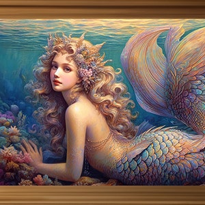 Beautiful Mermaid Siren Under the Sea Vintage Painting, Art Poster Print, Dark Academia, Gothic Occult Poster, Nautical Art J13