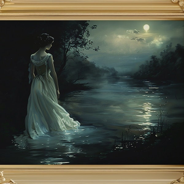 Gothic Woman Dark Lake Full Moon Melancholy, Lunar Art Print, Vintage Classic Artwork, Gothic Fine Art Print Poster, Alluring Painting, M59