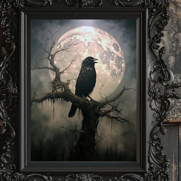 Raven Crow Full Moon Gothic Dark Forest Print, Dark Academy Art Painting Vintage Classic Artwork, Home Decor, Fine Art Print, H61