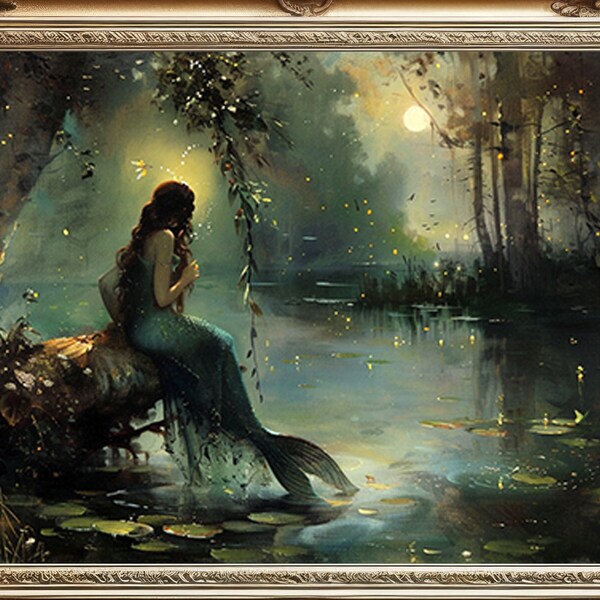 Mermaid Dark Forest Night Lake Painting, Lonely Siren Wall Art, Water Nymph Poster Print, Dark Academia, Full Moon Nocturnal Moody p70