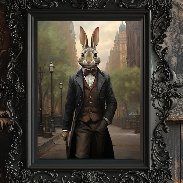 Victorian Hare Rabbit City Dapper Gentleman Funny Bunny Cool Art, Fine Art Giclee, Vintage Painting Wall Art Poster,  Dark Academia H55