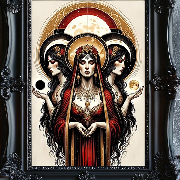 Goddess Hecate Witchcraft Print, Triple Moon Art, Hekate Fine Art Giclee, Vintage Painting, Witchy Artwork, Occultism Esoteric Art J30