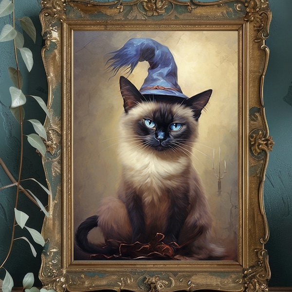 Cute Siamese Kitten Witch Cat Vintage Painting, Gothic Poster Art Print, Dark Academia, Wicca Whimsical Animals Goth, Halloween Artwork G13