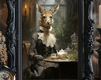 Gothic Deer Victorian Lady Tea Time Poster, Dark Academy Art Illustration, Vintage Classic Artwork,  Fine Art Print,Animal Lover Gift J01
