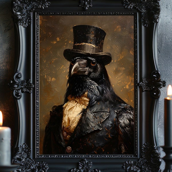 Victorian Crow Gentleman Raven Portrait, Aristocrat Black Bird Giclee, Vintage Painting Wall Art Poster, Dark Academia, Dressed Bird p78