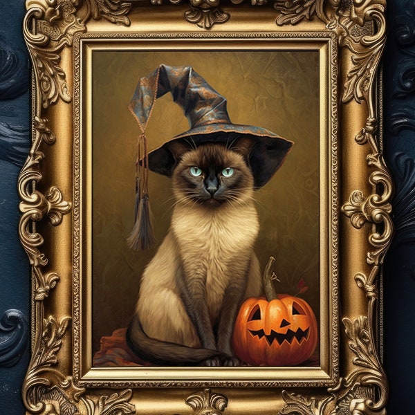 Cute Siamese Cat Witch Vintage Painting, Gothic Poster Art Print, Dark Academia, Wicca Whimsical Animals Goth, Halloween Artwork G12