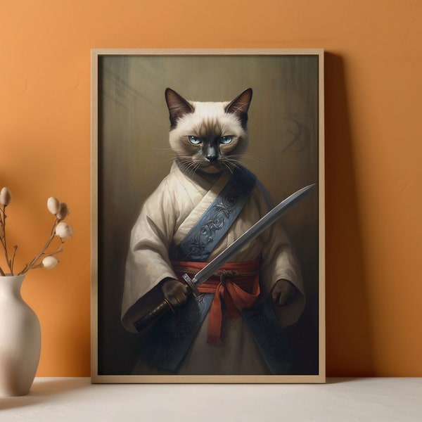 Siamese Samurai Cat Japanese Vintage Poster, Oriental Art Poster Print Whimsical Animals, Funny Cat Art, Cat with a Katana Sword D92