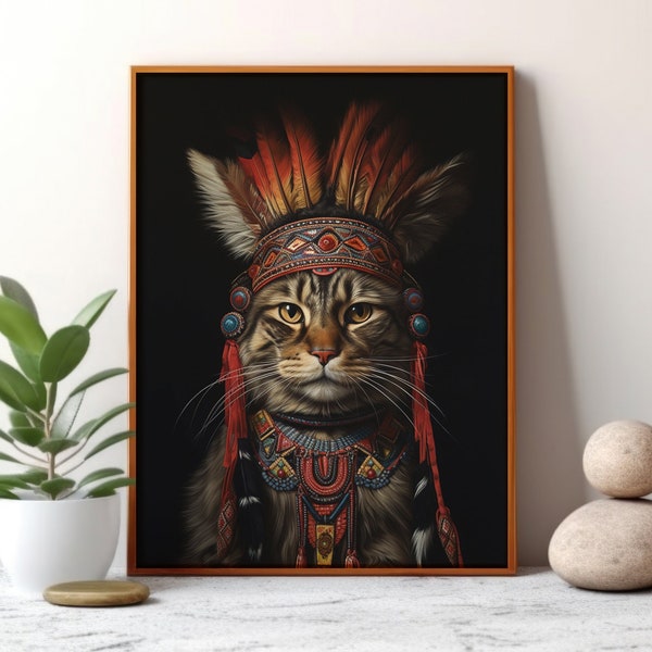 Indian Chief Cat Native American Humorous Fine Art Giclee Vintage Painting Wall Art Poster Whimsical Pet Animal Wild West D34