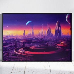 City on Alien Planet, Retro Futurism Art, Sci-Fi Pop Space Vintage Poster Print Wall Art