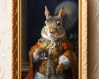 Victorian Squirrel Aristocrat Cheers Print Funny Cool Fine Art Giclee, Vintage Painting Wall Art Poster, Whimsical Rodent, Dark Academia k09