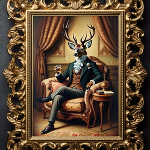 Gothic Stag Victorian Gentleman Drinking Poster, Dark Academy Art Illustration, Vintage Classic Artwork,  Fine Art Print, J12