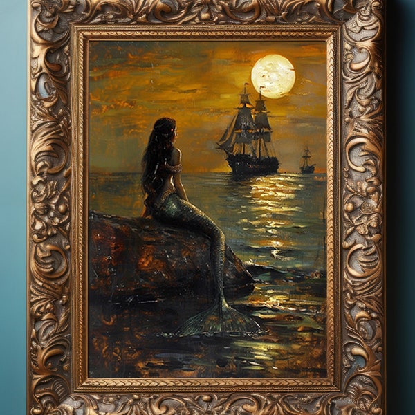 Beautiful Mermaid Contemplating Sunset Painting, Siren Vintage Art Poster Print, Dark Academia, Gothic Occult Poster, Nautical Art p66