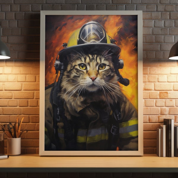 Firefighter Bengal Cat Heroe Fireman Whimsical Art, 80s 70s Vintage Print, Scifi Art, Funny Whimsical Feline Oil Painting E35