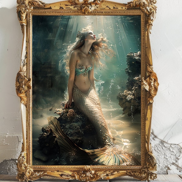 Beautiful Mermaid Sitting Underwater Coral Reef, Siren Whimsical Wall Art Poster Print, Nautical Wall Decor, Mythical Sea Creature Art H99