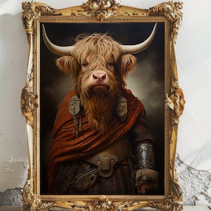Highlander Scottish Highland Cow Bull Fine Art Giclee Vintage Painting Wall Art Poster Whimsical Animal Victorian Scotsman h80