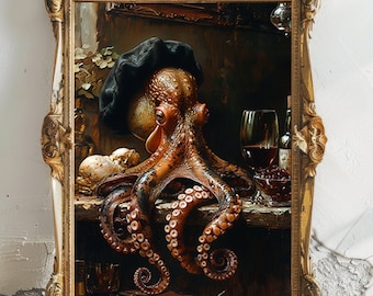 Octopus Bohemian Fancy Gentleman Wearing Beret, Whimsical Ocean Marine Life Cephalopod Fine Art Giclee Vintage Painting Wall Art,  M79