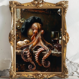 Octopus Bohemian Fancy Gentleman Wearing Beret, Whimsical Ocean Marine Life Cephalopod Fine Art Giclee Vintage Painting Wall Art, M79 image 1