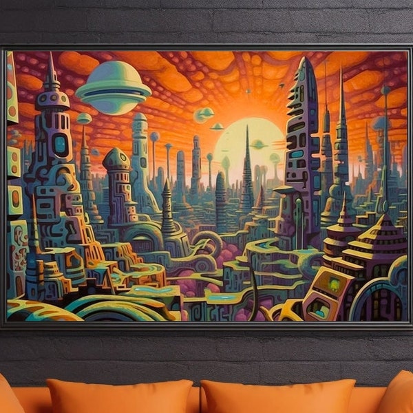 Psychedelic artwork Retro Futurism Colony on Alien Planet Art Sci-Fi Pop Space Vintage Poster Print Wall Art 1970s 1980s Painting