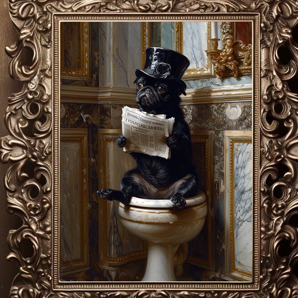 Gentleman victorien chien carlin lisant le journal sur les toilettes affiche d'impression d'art lunatique impression jet d'encre vintage peinture art mural L21