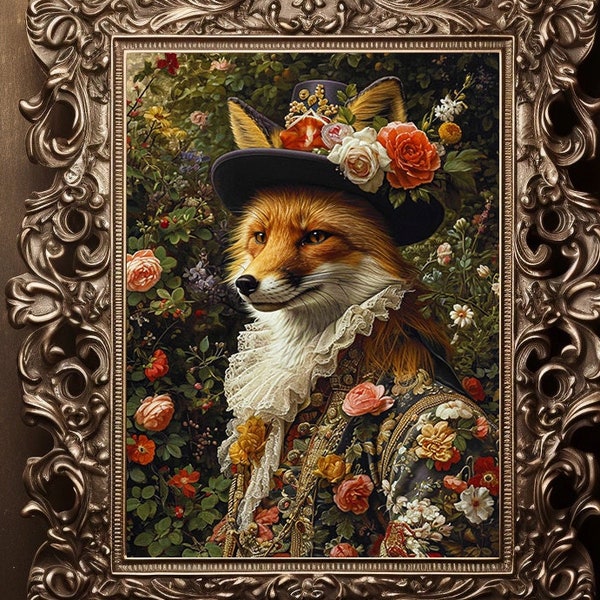 Victorian Fox Flowers Spring Garden Fine Art Giclee, Vintage Painting Wall Art Poster, Whimsical Animals, Dark Academia, Cool Gothic Fox k92