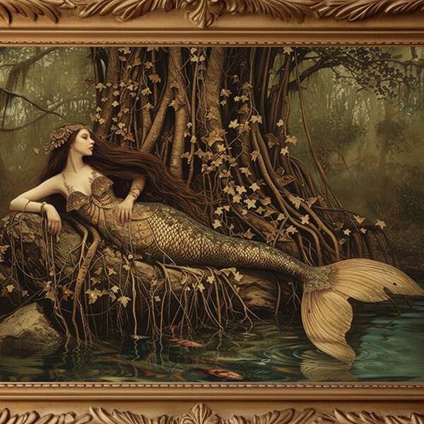 Beautiful Siren Mermaid Mystical Tree, Dark Academia Vintage Painting, Fantasy Mystical Art, Gothic Occult Poster, Dark Forest L89